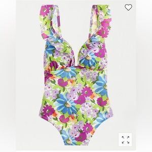 J Crew Swimsuit Ruffle V-Neck Plunge One Piece Multi Color Floral Size 12, NWT
